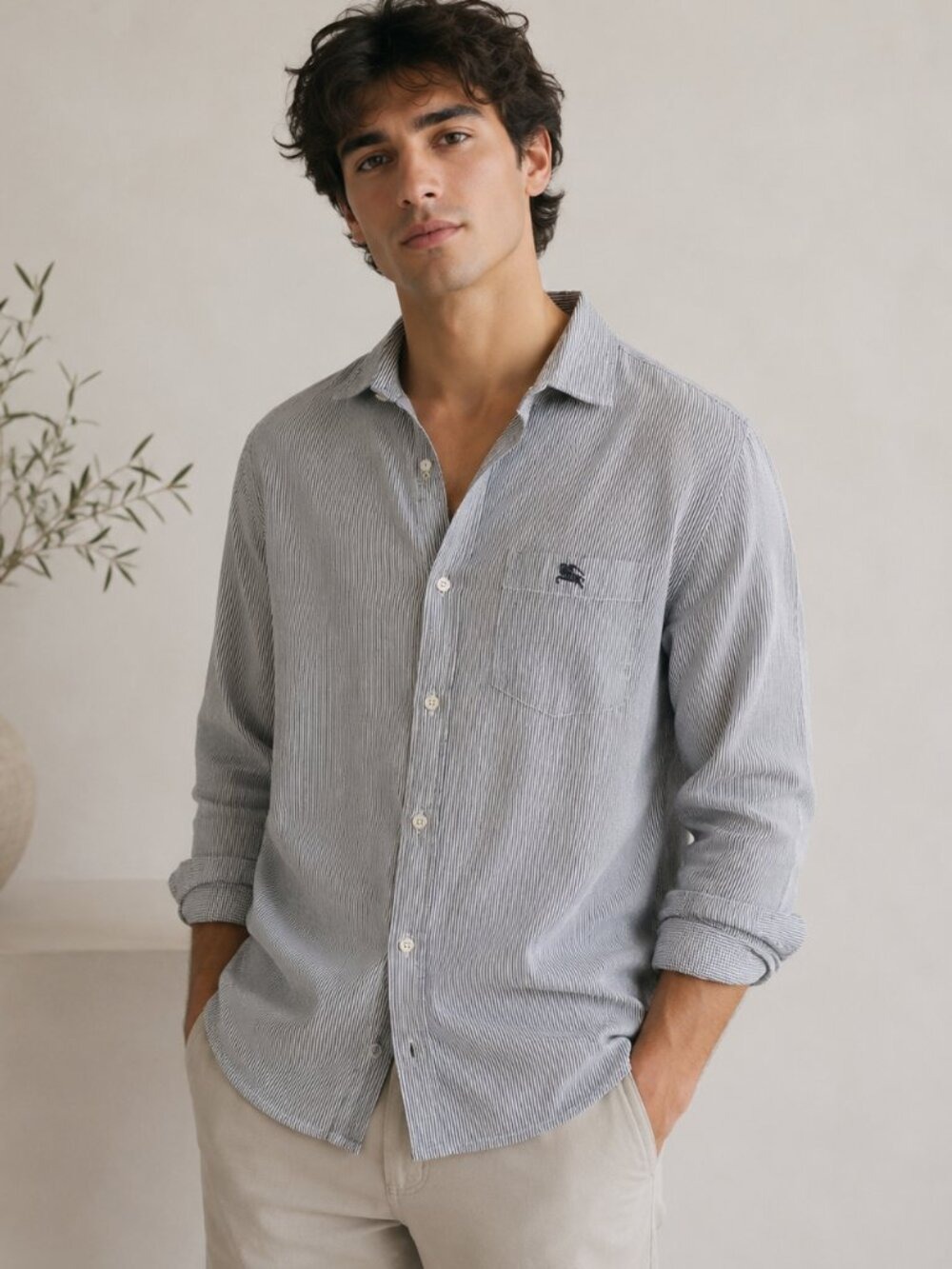 Burberry Black Label Japan White Navy Pinstripe Cotton Button-Up Shirt 0720